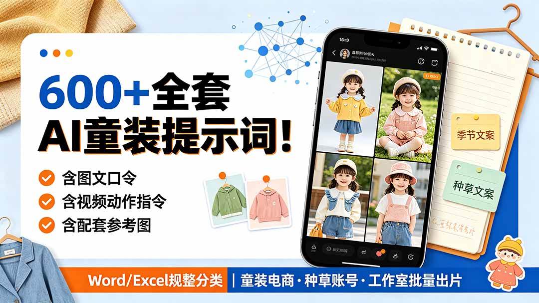 （19302期）600+全套AI童装提示词！含图文口令+视频动作指令+配套参考图，Word/Excel规整分类，童装电商、种草无脑量产内容-汇课新知资源网