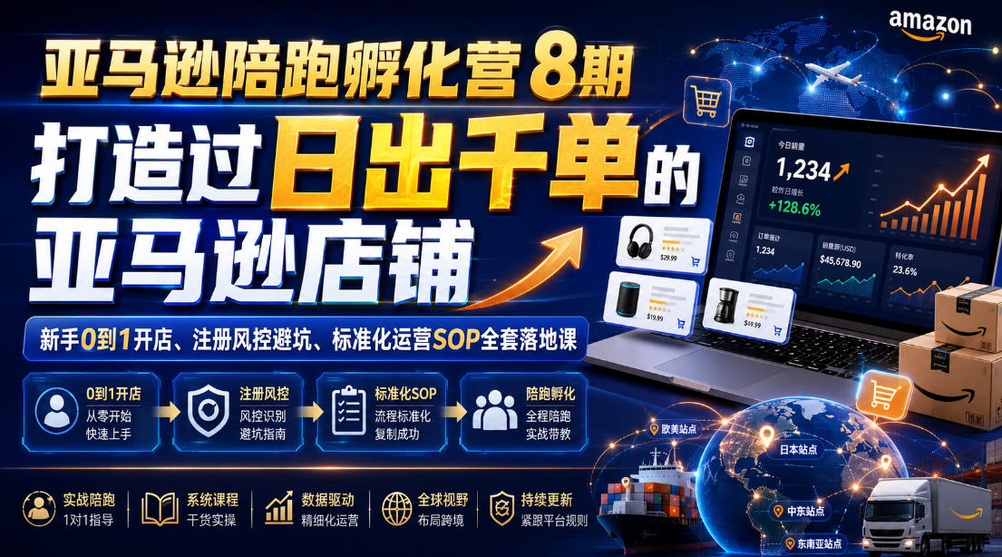 亚马逊陪跑孵化营8期，打造过日出千单的亚马逊店铺，新手0到1开店、注册风控避坑、标准化运营SOP全套落地课-汇课新知资源网