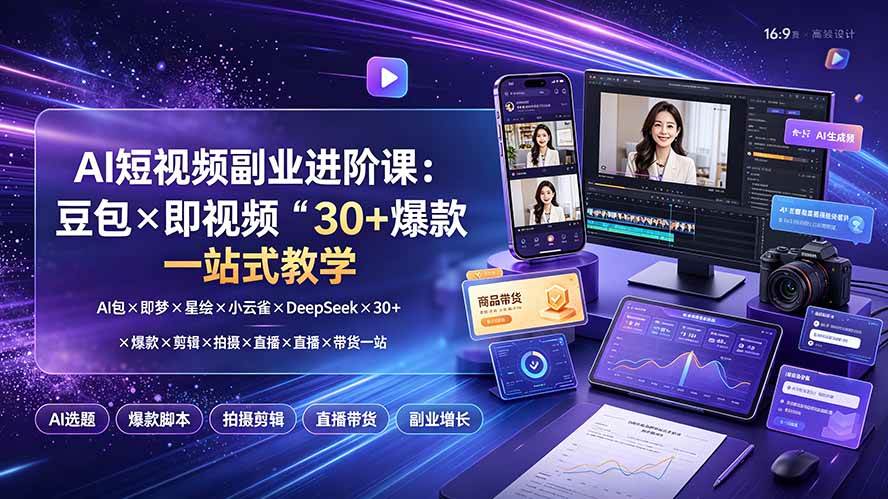 （19458期）AI短视频副业进阶课：豆包×即梦×星绘×小云雀×DeepSeek×30+爆款×剪辑×拍摄×直播×带货一站式教学-汇课新知资源网