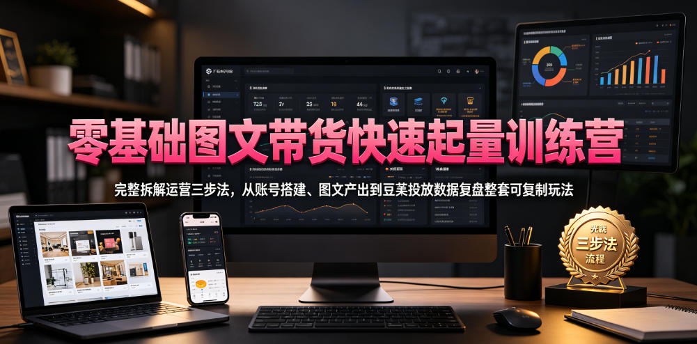 零基础图文带货快速起量训练营,完整拆解运营三步法,从账号搭建、图文产出到豆荚投放数据复盘整套可复制玩法-汇课新知资源网