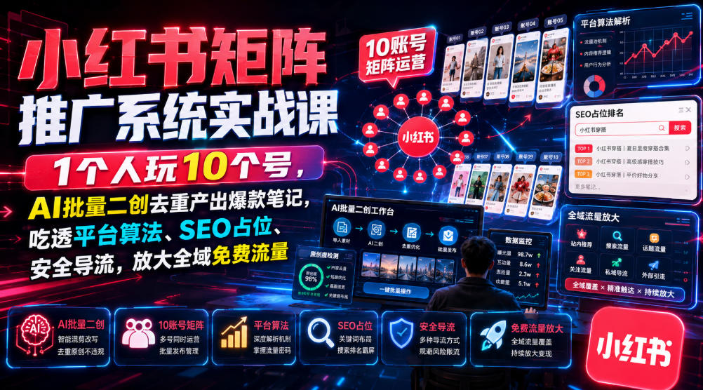 小红书矩阵推广系统实战课｜1个人玩10个号，AI批量二创去重产出爆款笔记，吃透平台算法、SEO占位、安全导流，放大全域免费流量-汇课新知资源网