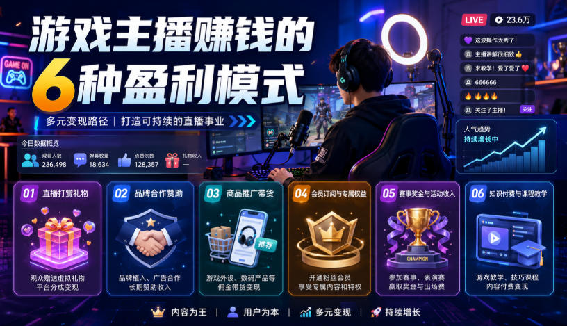 付费文章:游戏主播賺钱的6种盈利模式-汇课新知资源网