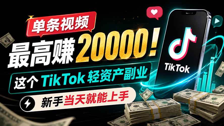 （19457期）单条视频最高赚 20000！这个 TikTok 轻资产副业，新手当天就能上手-汇课新知资源网