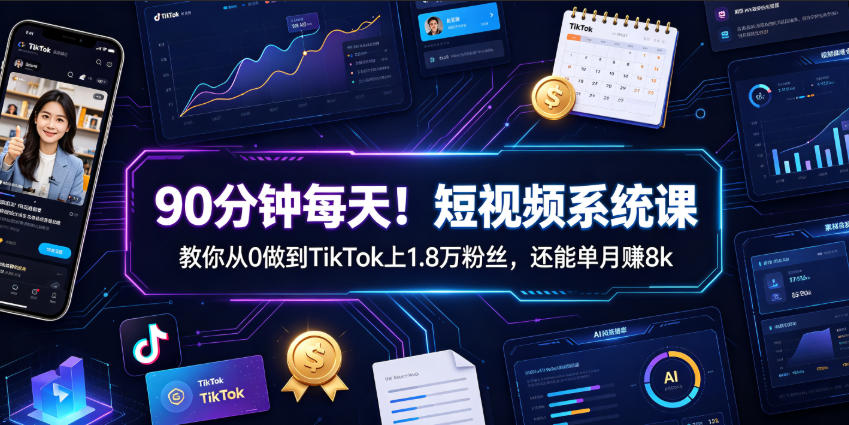 90分钟每天！短视频系统课教你从0做到TikTok上1.8万粉丝，还能单月賺8k【原创双语字幕】-汇课新知资源网