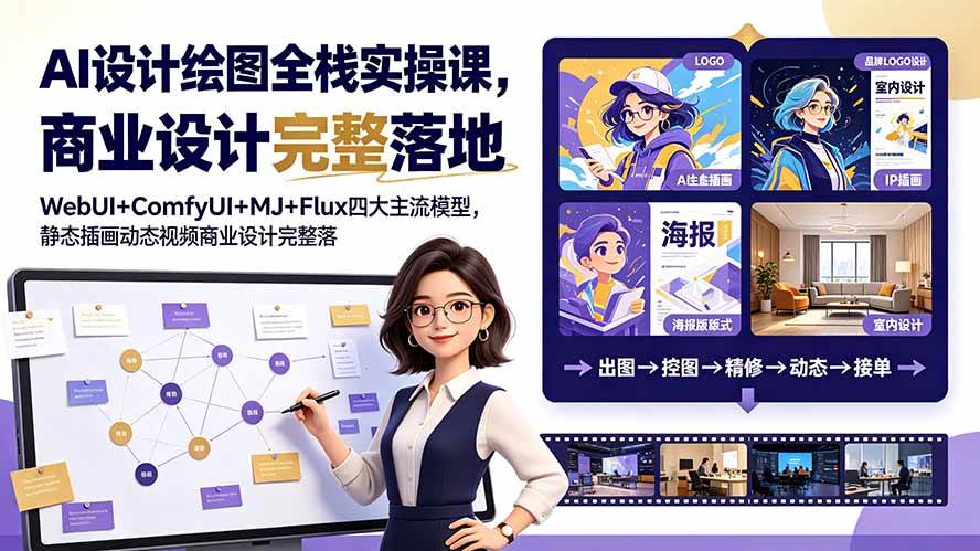 （19244期）AI设计绘图全栈实操课，WebUI+ComfyUI+MJ+Flux四大主流模型，静态插画动态视频商业设计完整落地教程-汇课新知资源网