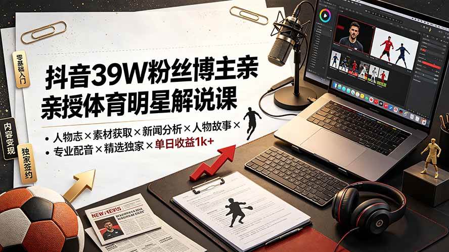 （19476期）抖音39W粉丝博主亲授体育明星解说课：人物志×素材获取×新闻分析×人物故事×专业配音×精选独家×单日收益1k+-汇课新知资源网