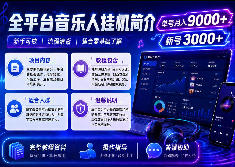 全平台音乐类挂G,单机单号月入9000+,可矩阵,可工作室放大操作【揭秘】-汇课新知资源网