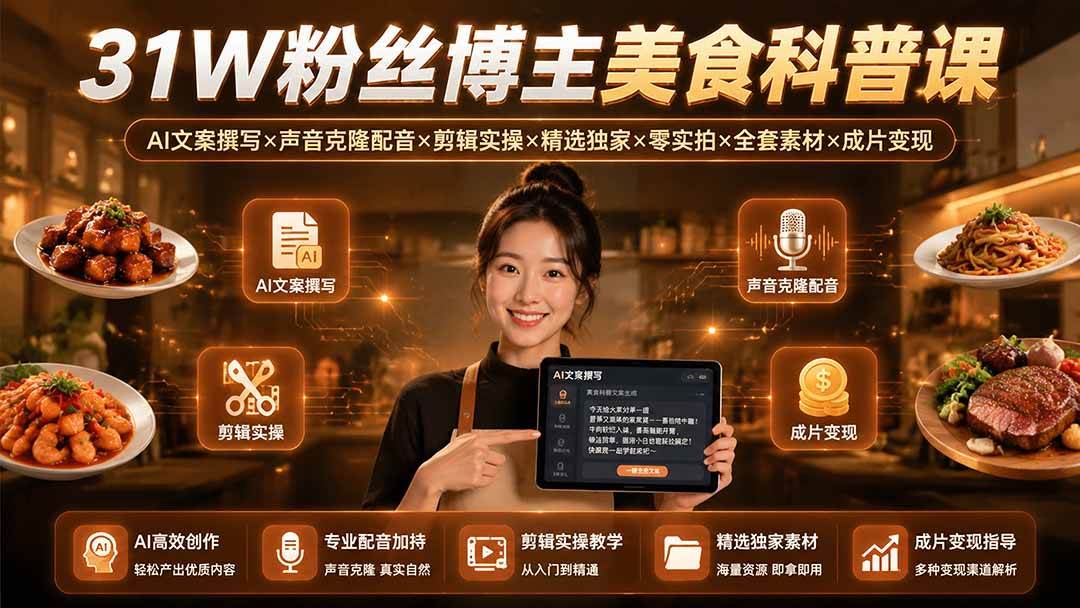 (19558期)31W粉丝博主美食科普课:AI文案撰写×声音克隆配音×剪辑实操×精选独家×零实拍×全套素材×成片变现-汇课新知资源网