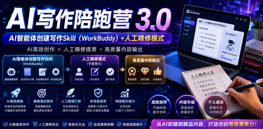 AI写作陪跑营3.0,Ai智能体创建写作skill(workbuddy)+人工手写模式(手搓模式),去除AI痕迹(头条号、公众号、百家号)(更新0806)-汇课新知资源网