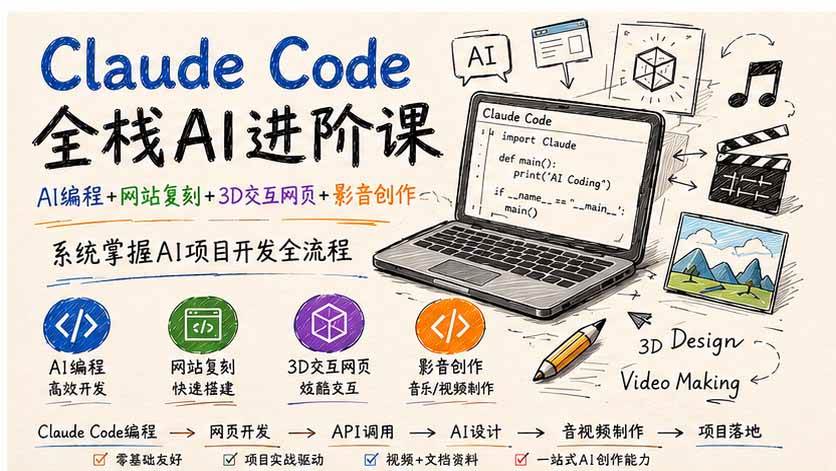 （19735期）Claude Code全栈AI进阶课；AI编程+网站复刻+3D交互网页+影音创作，系统掌握AI项目开发全流程-汇课新知资源网