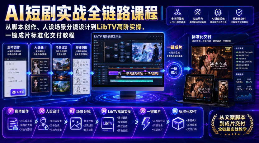 AI短剧实战全链路课程|从脚本创作、人设场景分镜设计到LibTV高阶实操、一键成片标准化交付教程-汇课新知资源网