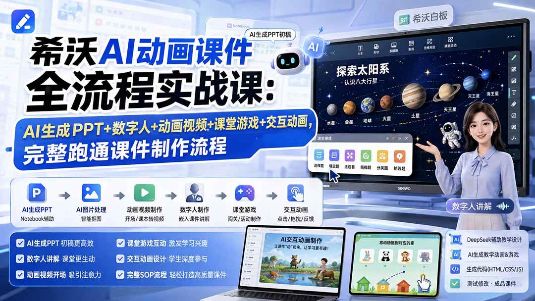 （19743期）希沃AI动画课件全流程实战课：AI生成PPT+数字人+动画视频+课堂游戏+交互动画，完整跑通课件制作流程-汇课新知资源网