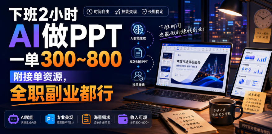 下班2小时AI做PPT,一单300~800,附接单资源,全职副业都行【揭秘】-汇课新知资源网