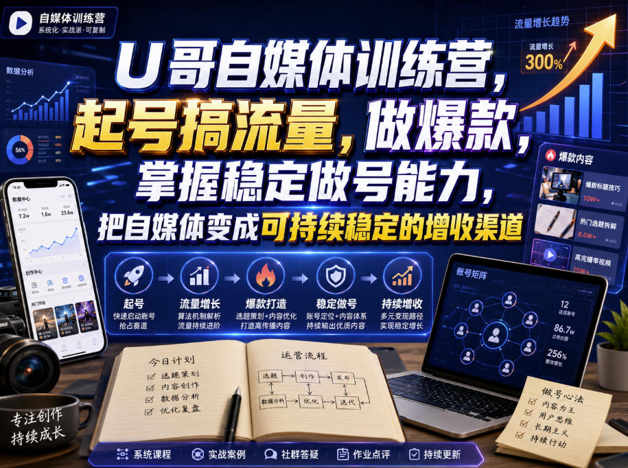 U哥自媒体训练营,起号搞流量,做爆款,掌握稳定做号能力,把自媒体变成可持续稳定的增收渠道-汇课新知资源网
