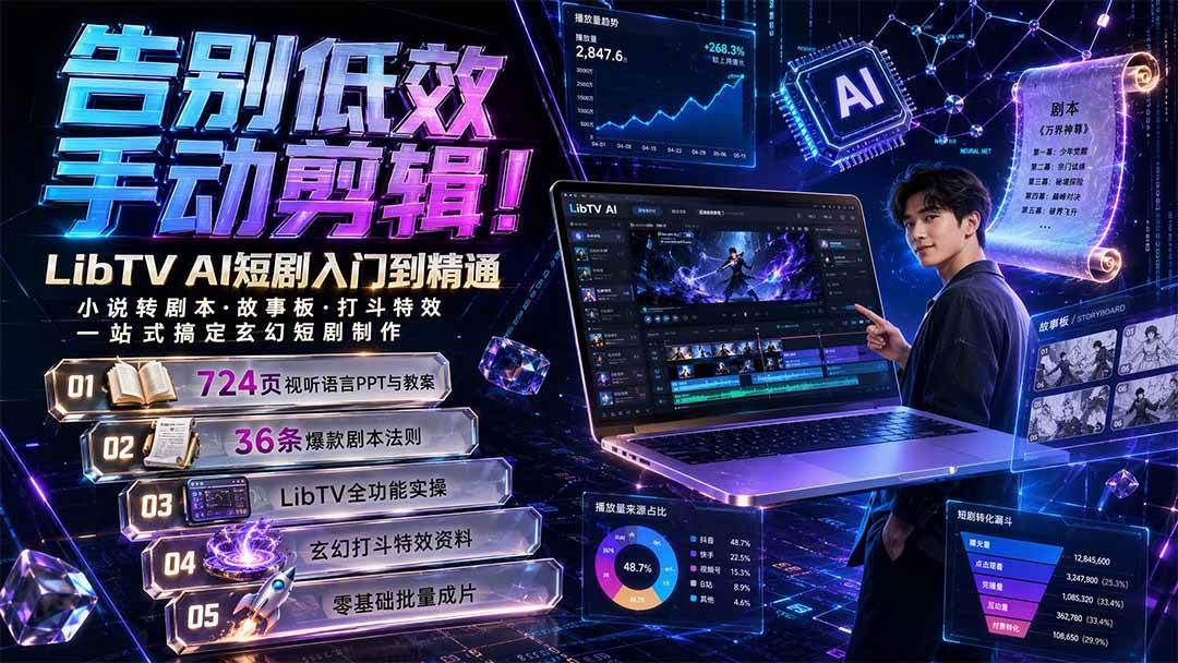 (19678期)告别低效手动剪辑!LibTV AI短剧入门到精通,小说转剧本方法,故事板打斗特效一站式搞定玄幻短剧制作-汇课新知资源网
