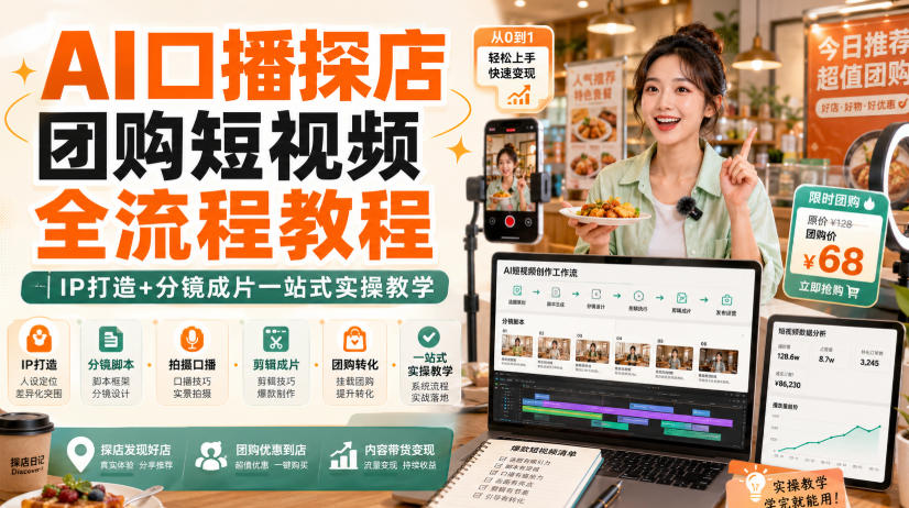 AI口播探店团购短视频全流程教程|IP打造+分镜成片一站式实操教学-汇课新知资源网