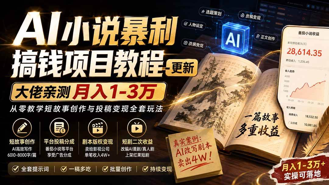 （20044期）AI小说暴利搞钱项目教程-更新，大佬亲测月入1-3万，从零教学短故事创作与投稿变现全套玩法-汇课新知资源网