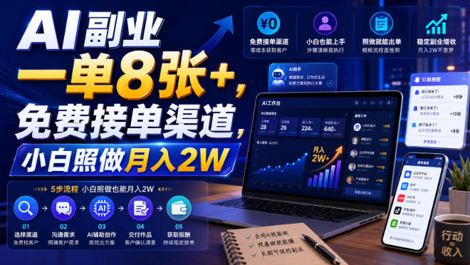 AI副业一单8张+，免费接单渠道，小白照做月入2W【揭秘】-汇课新知资源网