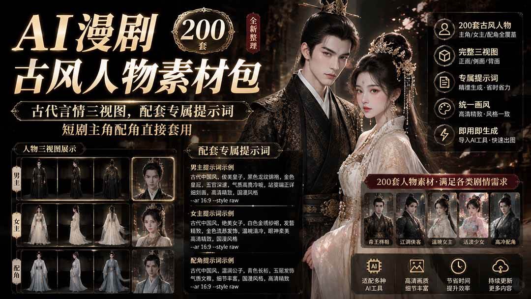 (19693期)AI漫剧古风人物素材包+提示词|200 套古代言情三视图,配套专属提示词短剧主角配角直接套用-汇课新知资源网