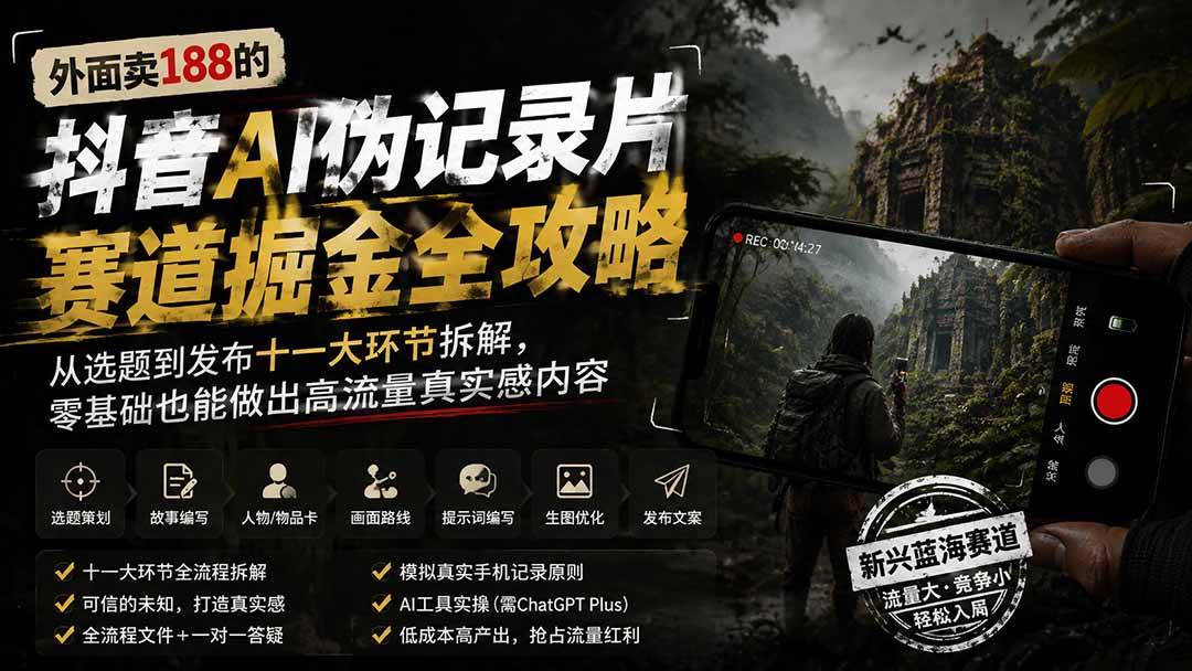 (19743期)外面卖188的抖音AI伪记录片赛道掘金全攻略;从选题到发布十一大环节拆解,零基础也能做出高流量真实感内容-汇课新知资源网