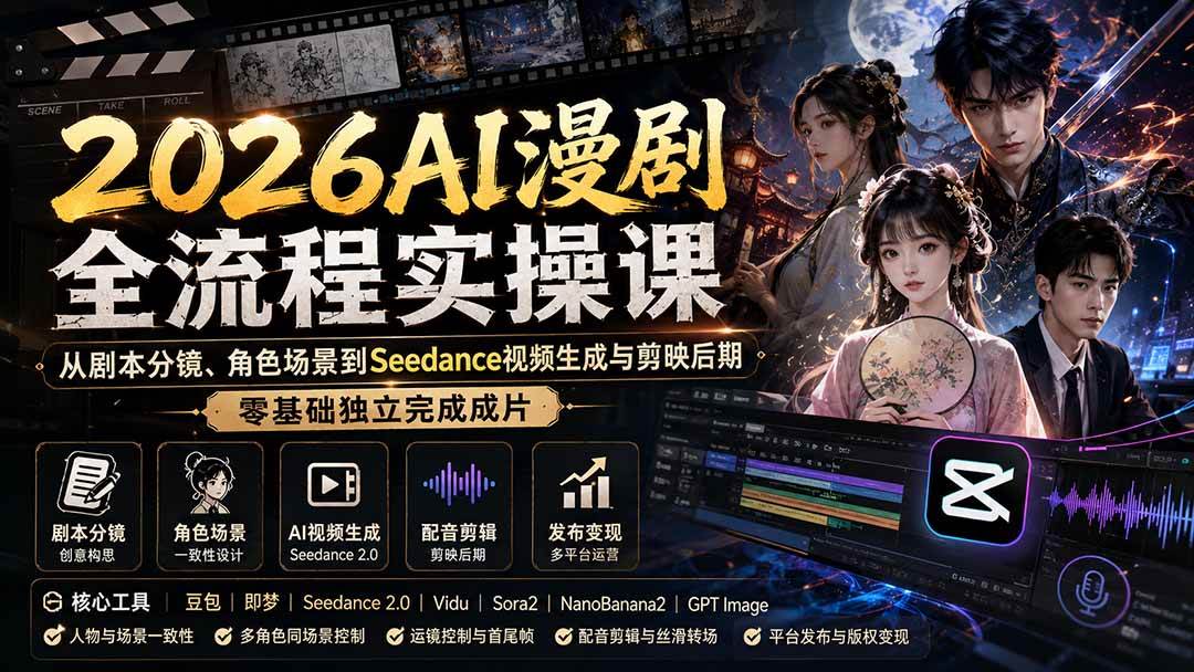（20042期）2026AI漫剧全流程实操课：从剧本分镜、角色场景到Seedance视频生成与剪映后期，零基础独立完成成片-汇课新知资源网