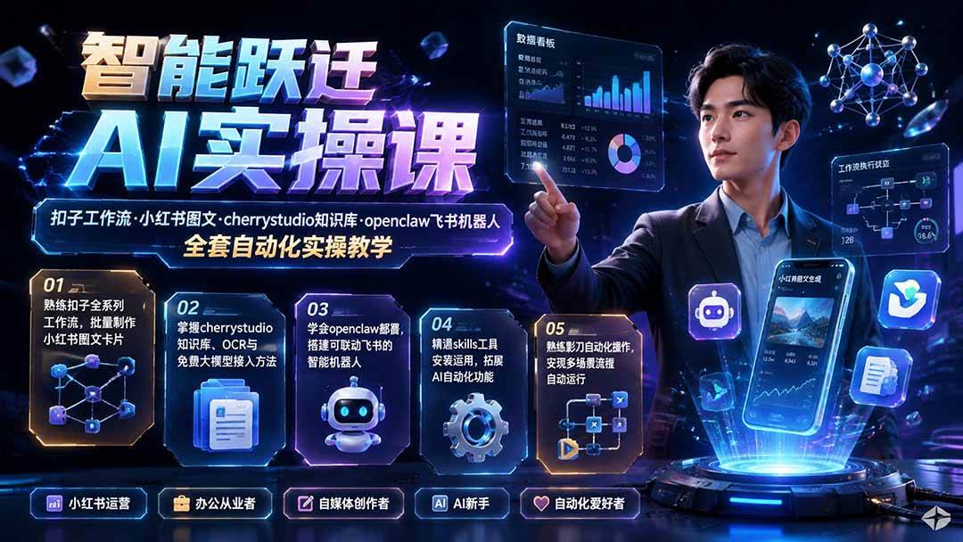 (19653期)智能跃迁 AI实操课|扣子工作流小红书图文搭建,cherrystudio知识库openclaw飞书机器人全套自动化实操教学-汇课新知资源网