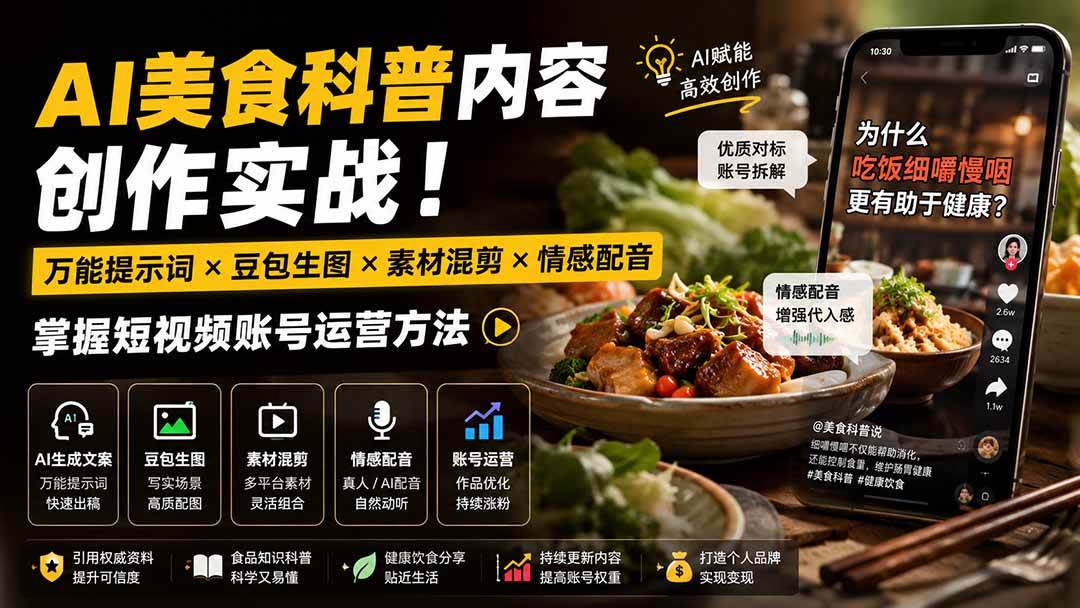 （19730期）外面卖199元-AI美食科普内容创作实战！万能提示词×豆包生图×素材混剪×情感配音，掌握短视频账号运营方法-汇课新知资源网