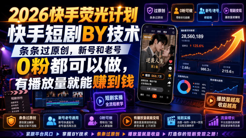 2026快手荧光计划，快手短剧搬运技术，条条过原创，新号和老号0粉都可以做，有播放量就能賺到钱-汇课新知资源网