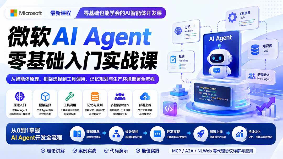 （19977期）微软AI Agent零基础入门实战课：从智能体原理、框架选择到工具调用、记忆规划与生产环境部署全流程-汇课新知资源网