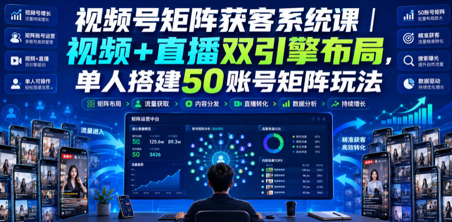 视频号矩阵获客系统课|视频+直播双引擎布局,单人搭建50账号矩阵玩法,流量入池、搜索占位、全域引流沉淀私域全流程教学-汇课新知资源网