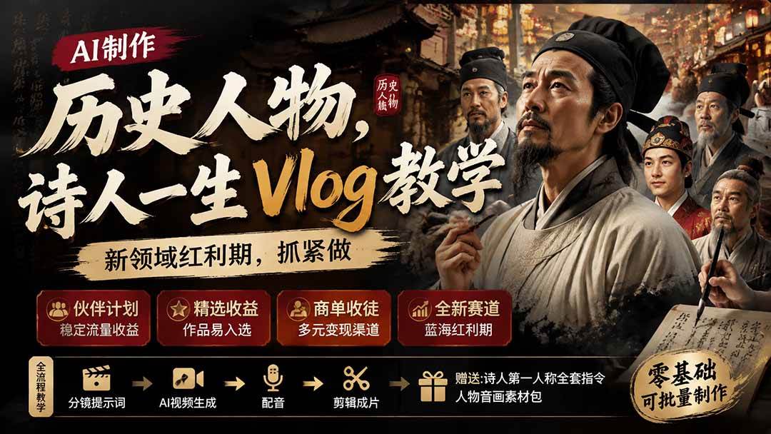 (19758期)历史人物,诗人一生Vlog教学, AI制作丨伙伴计划丨精选收益丨商单收徒 ,新领域红利期,抓紧做-汇课新知资源网