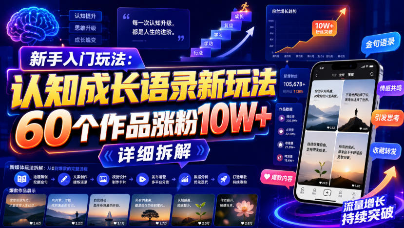 新手入门玩法：认知成长语录新玩法，60个作品涨粉10W+，详细拆解-汇课新知资源网