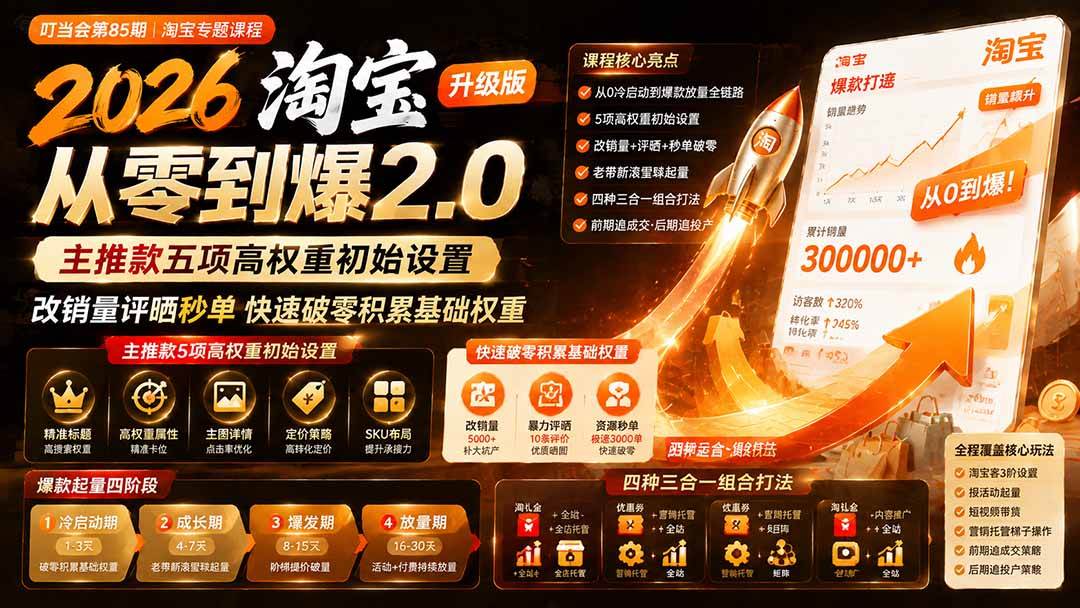 （19742期）2026淘宝从零到爆2.0第85期；主推款五项高权重初始设置，改销量评晒秒单快速破零积累基础权重-汇课新知资源网