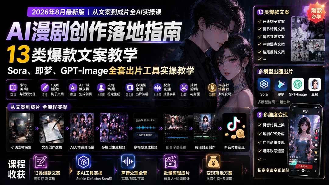 (19691期)AI漫剧创作落地指南|13类爆款文案教学,Sora、即梦、GPT-Image全套出片工具实操教学-汇课新知资源网