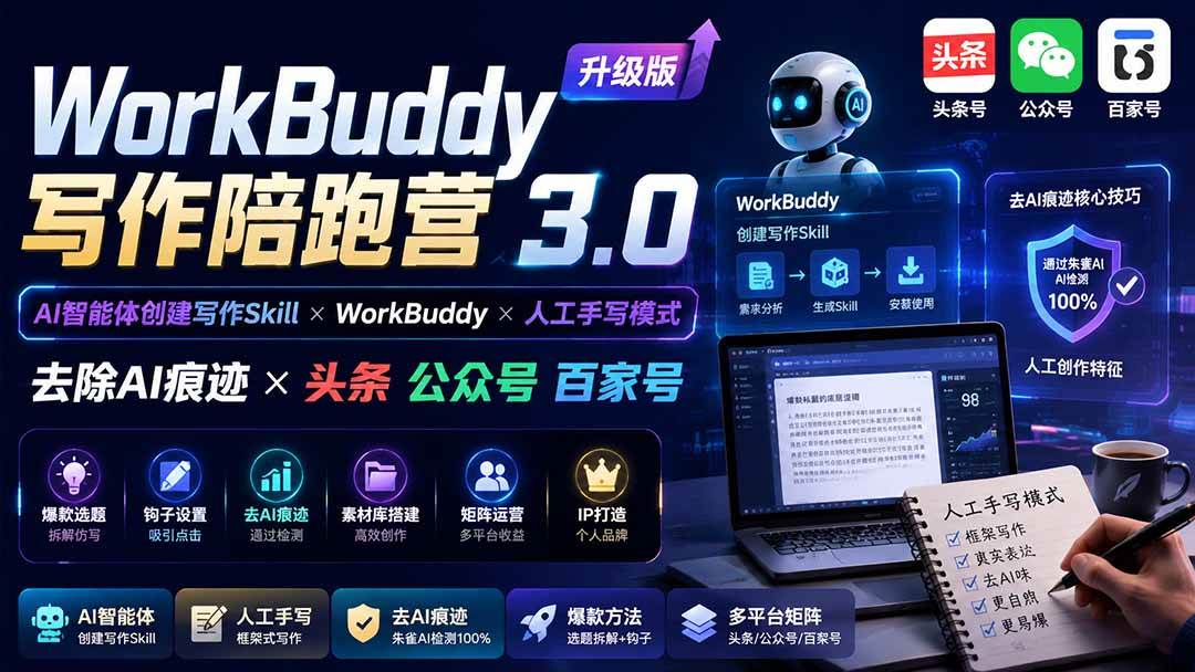 (19720期)WorkBuddy写作陪跑营3.0-更新:Ai智能体创建写作Skill×WorkBuddy×人工手写模式×去除AI痕迹×头条公众号百家号-汇课新知资源网