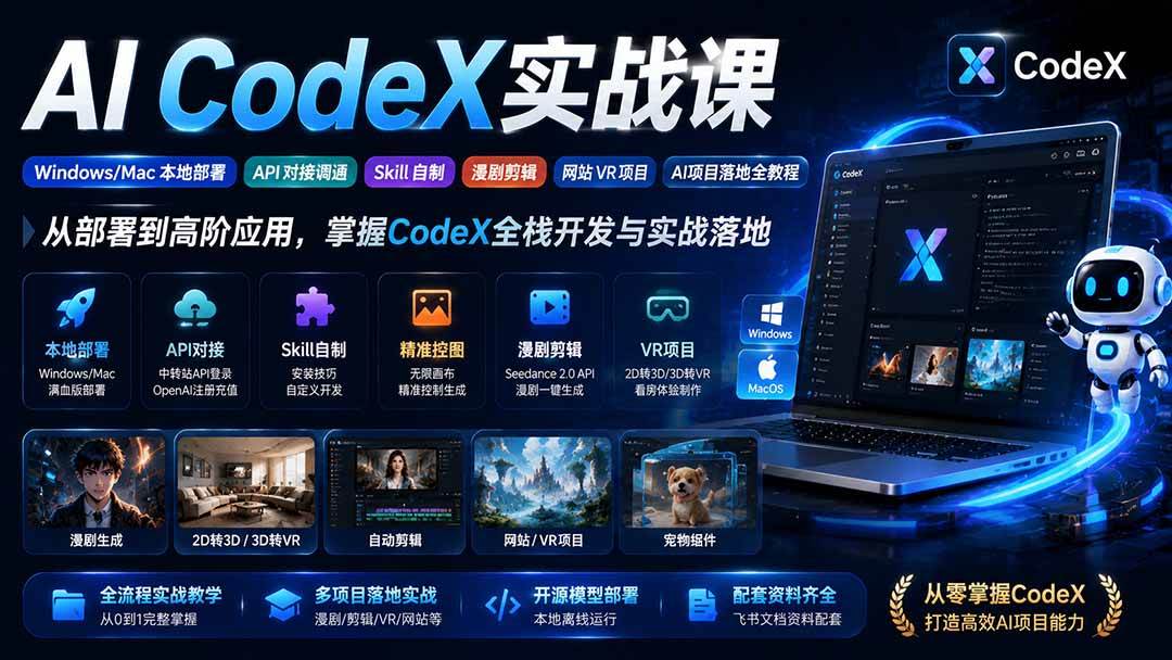 (19769期)AI CodeX实战课|Windows/Mac 本地部署|API 对接调通|Skill 自制|漫剧剪辑|网站 VR 项目|AI项目落地全教程-汇课新知资源网