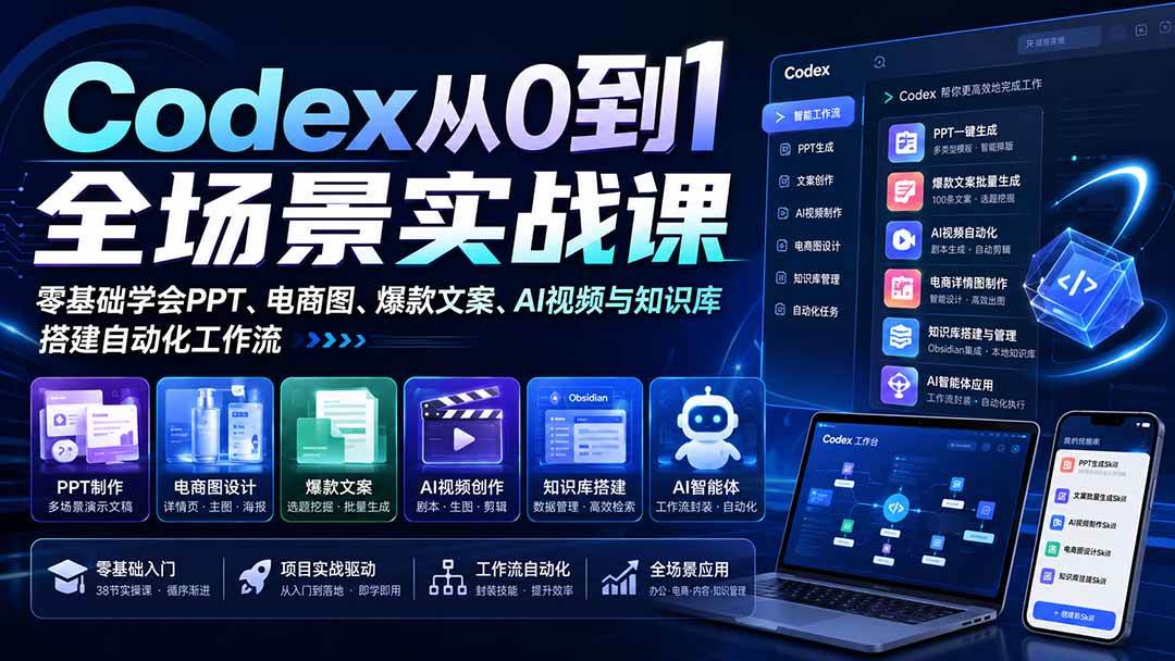 （20041期）Codex从0到1全场景实战课：零基础学会PPT、电商图、爆款文案、AI视频与知识库，搭建自动化工作流-汇课新知资源网