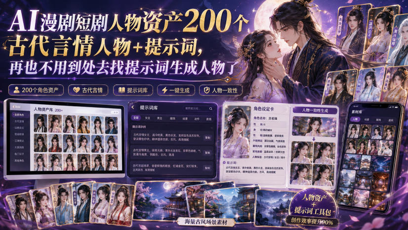 AI漫剧短剧人物资产200个古代言情人物+提示词,再也不用到处去找提示词生成人物了-汇课新知资源网