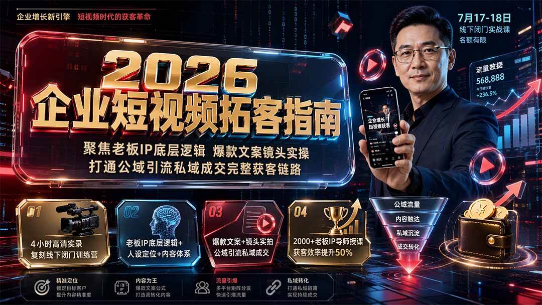 (19667期)2026企业短视频拓客指南:聚焦老板IP底层逻辑,爆款文案镜头实操,打通公域引流私域成交完整获客链路-汇课新知资源网