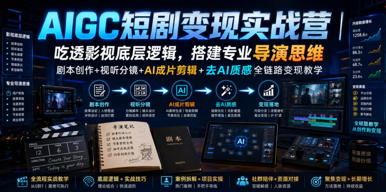 AIGC短剧变现实战营|吃透影视底层逻辑,搭建专业导演思维,剧本创作+视听分镜+AI成片剪辑+去AI质感全链路变现教学-汇课新知资源网