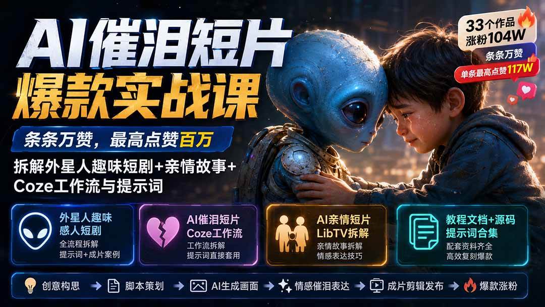 （20038期）AI催泪短片爆款实战课：条条万赞，最高点赞百万，拆解外星人趣味短剧+亲情故事+Coze工作流与提示词-汇课新知资源网
