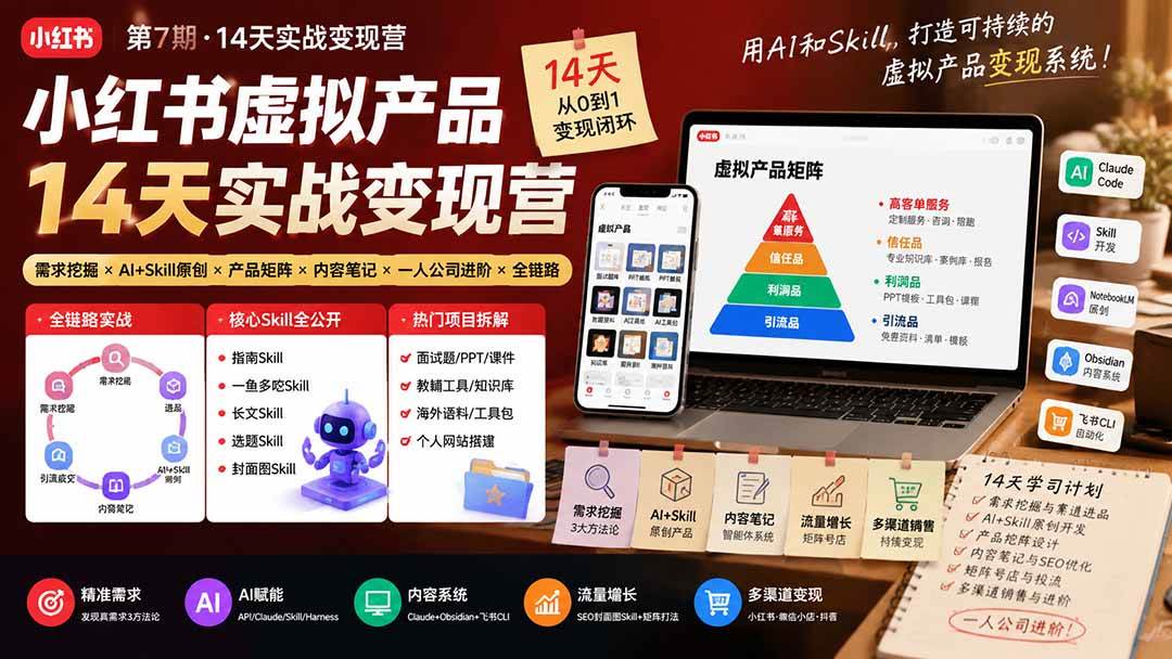 （19712期）小红书虚拟产品14天实战变现营-第7期：需求挖掘×AI+Skill原创×产品矩阵×内容笔记×一人公司进阶×全链路-汇课新知资源网