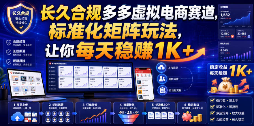 长久合规多多虚拟电商赛道,标准化矩阵玩法,让你每天稳賺1K+【揭秘】-汇课新知资源网