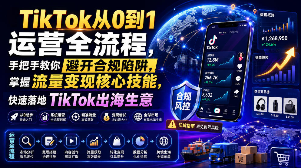 TikTok从0到1运营全流程，手把手教你避开合规陷阱，掌握流量变现核心技能，快速落地TikTok出海生意（更新8月）-汇课新知资源网