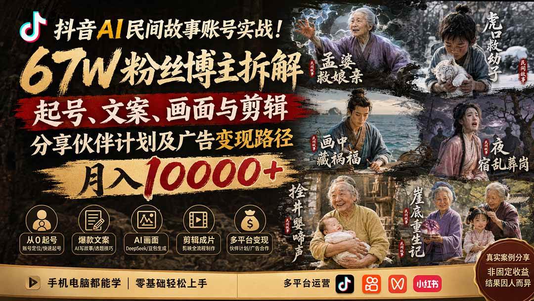 （19738期）抖音AI民间故事账号实战！67W粉丝博主拆解起号、文案、画面与剪辑，分享伙伴计划及广告变现路径，月入10000+-汇课新知资源网