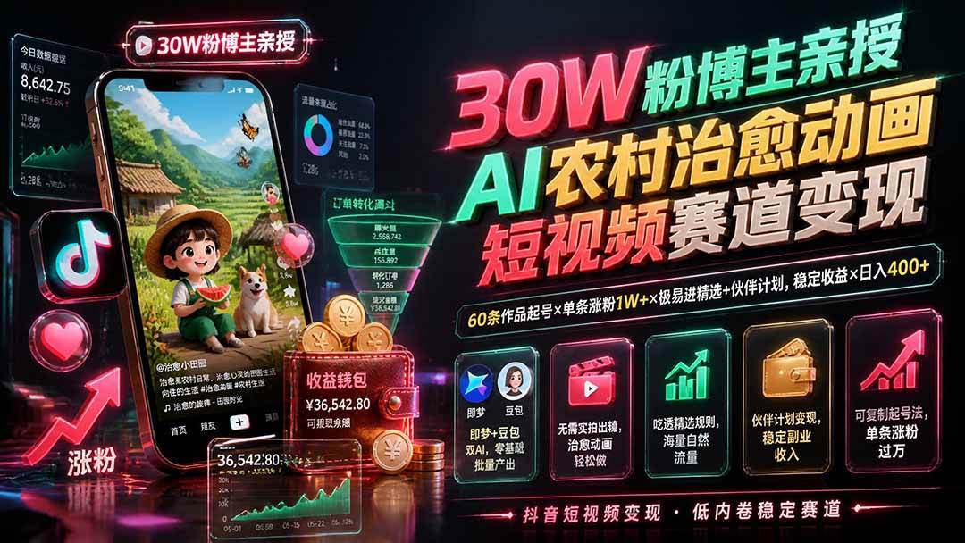 (19648期)30W粉博主亲授AI农村治愈动画短视频赛道变现:60条作品起号×单条涨粉1W+×极易进精选+伙伴计划,稳定收益×日入400+-汇课新知资源网