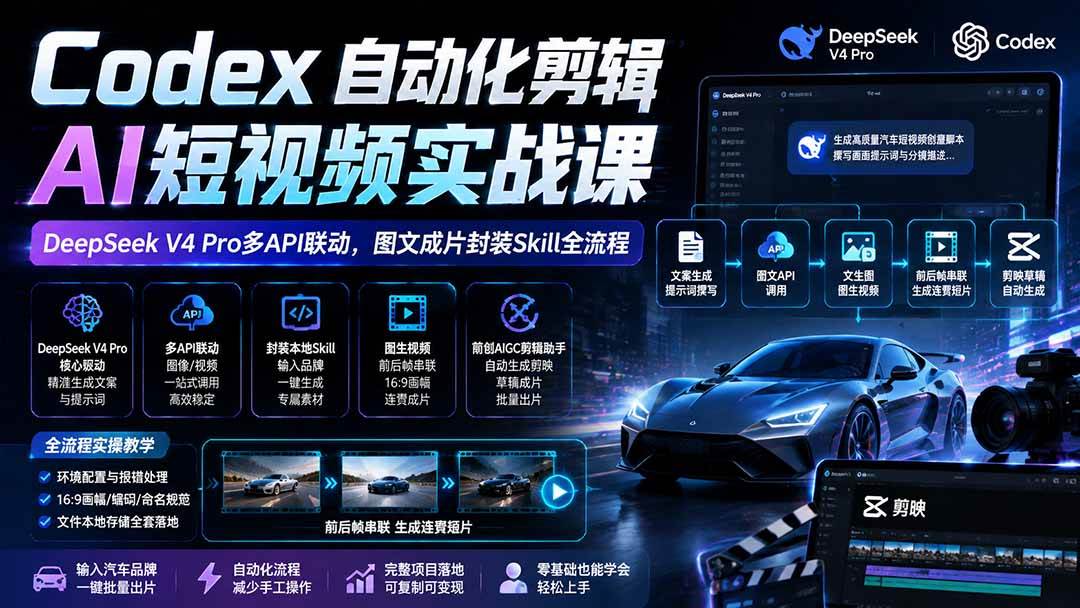 (19711期)Codex自动化剪辑AI短视频实战课|DeepSeek V4 Pro多API联动,图文成片封装Skill全流程-汇课新知资源网