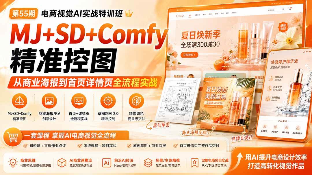 （20027期）电商视觉 AI实战训练营第55期：MJ+SD+Comfy精准控图，从商业海报到首页详情页全流程实战-汇课新知资源网