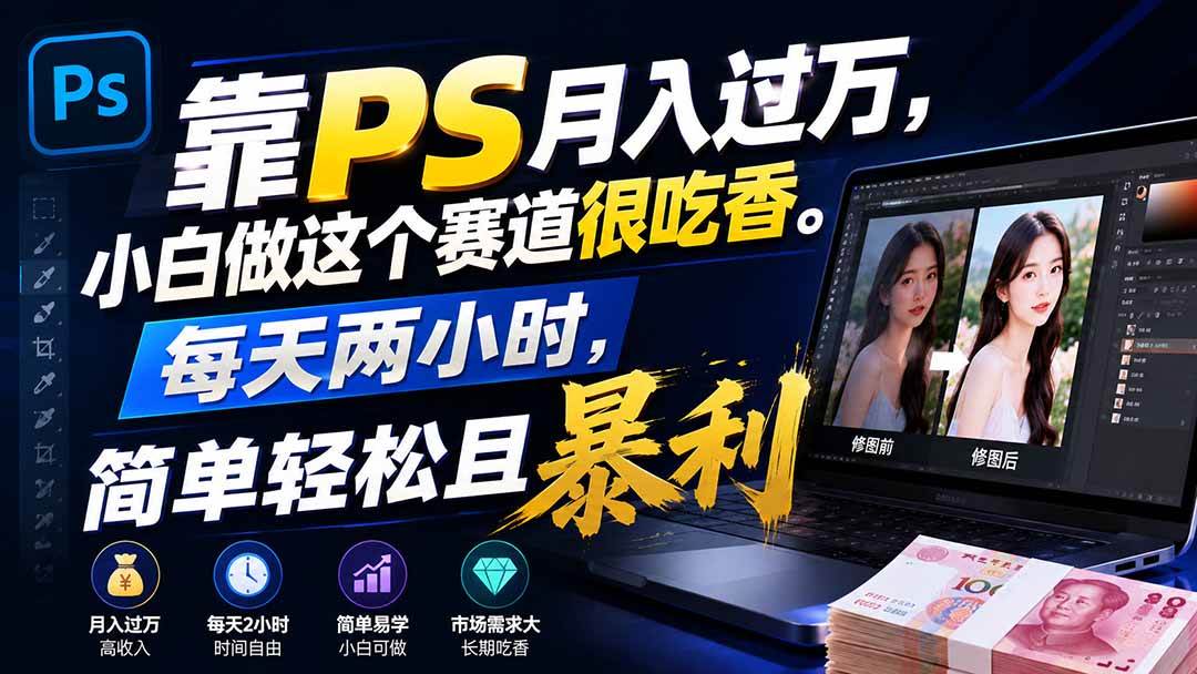 (19916期)靠PS月入过万,小白做这个赛道很吃香。每天两小时,简单轻松且暴利-汇课新知资源网