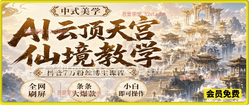 中式美学AI云顶天宫仙境教学，抖音7万粉丝博主课程。其他小字：全网刷屏，条条大爆款，小白即可操作